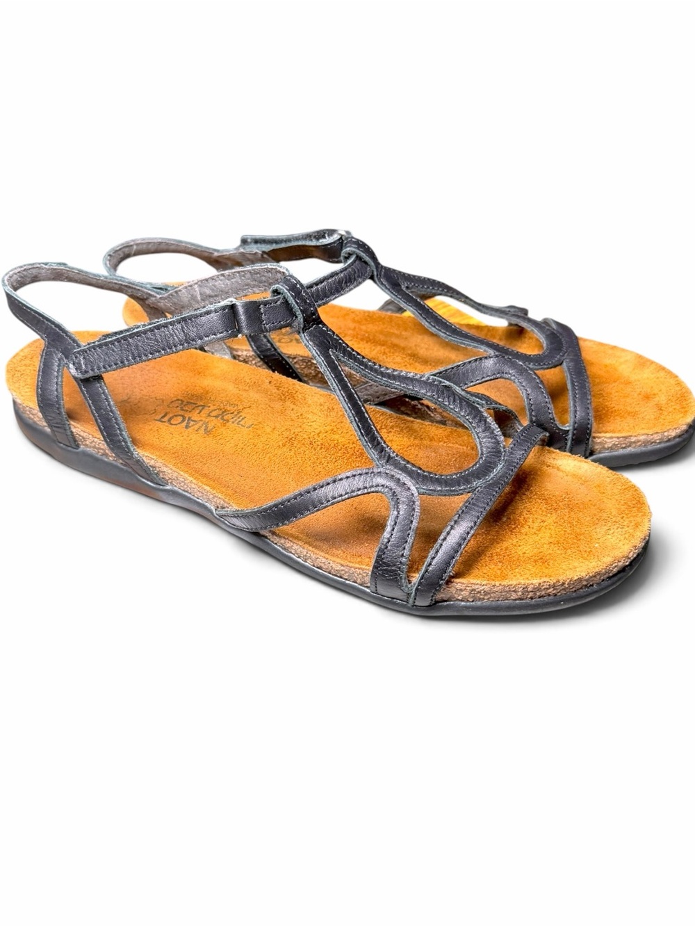 Naot Dorith Black Raven Leather Arch Cork Footbed Gladiator Velcro Sandals